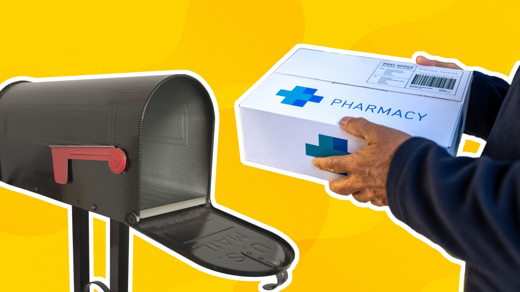 Mailbox with a pharmacy package being inserted on a yellow background.