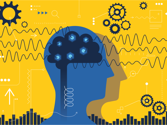 graphic with yellow background and blue face outline turned to right with brain and gears surrounding it representing thinking