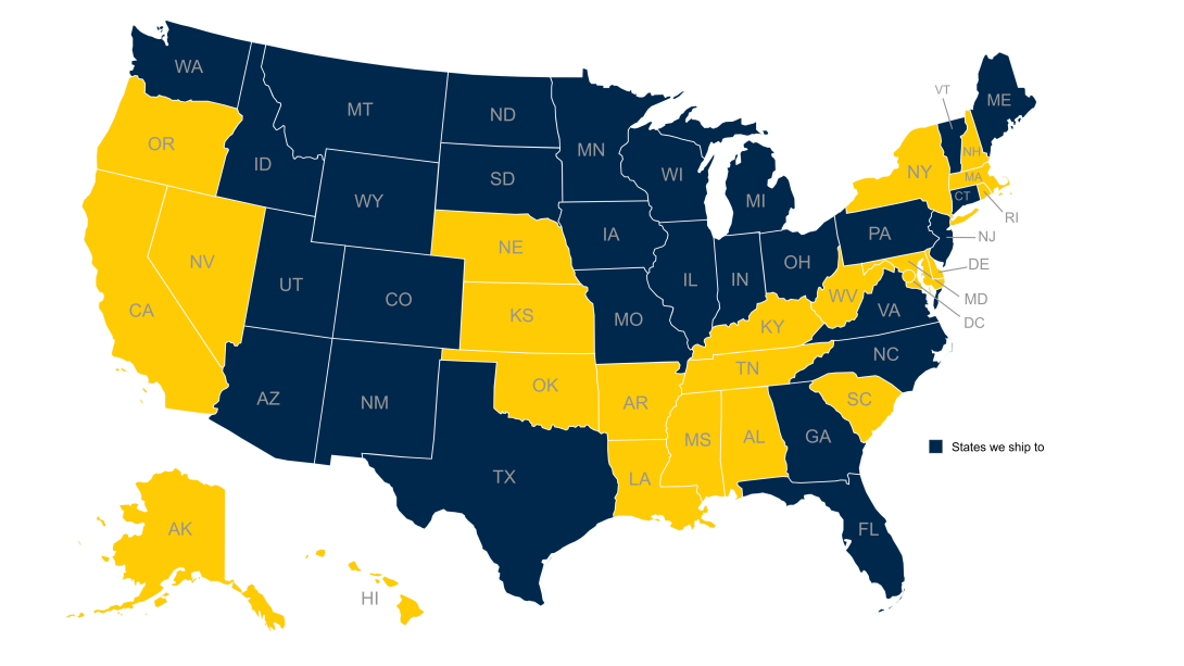 States shipped to by Specialty Pharmacy are in blue. Complete list is also below.